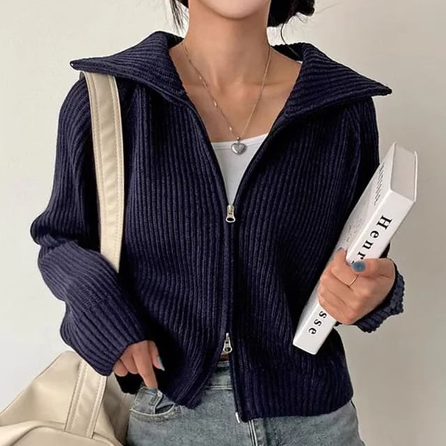 Coris-Collared Ribbed Zip-Up Plain Cardigan