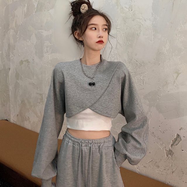 Gilmort-Asymmetrical Cropped Sweatshirt Plain Tank Top