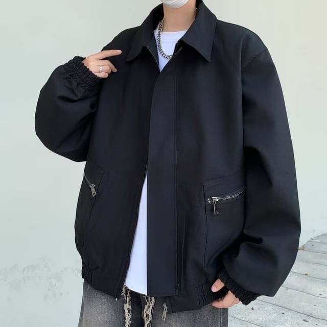 Ateso-Collared Plain Zip-Up Jacket