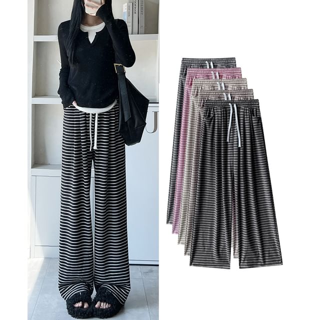 evanesce-Horizontal Stripe High Rise Drawstring Wide Leg Sweatpants