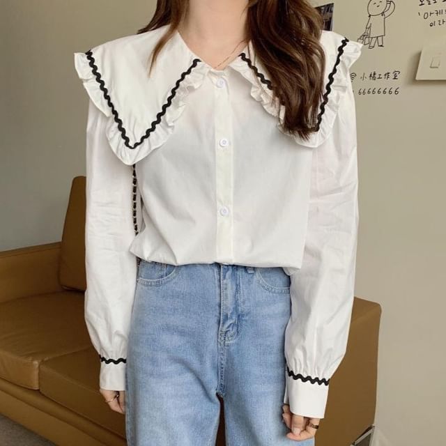 Sisyphi-Long-Sleeve Plain Contrast Trim Shirt
