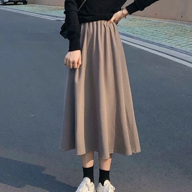 Sisyphi-High Rise Plain Midi A-Line Skirt
