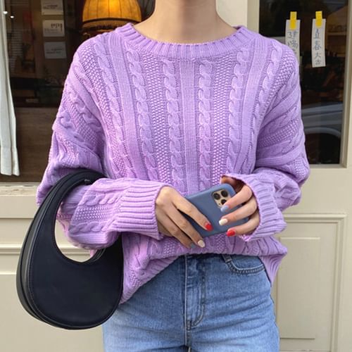 Crew Neck Plain Cable Knit Sweater