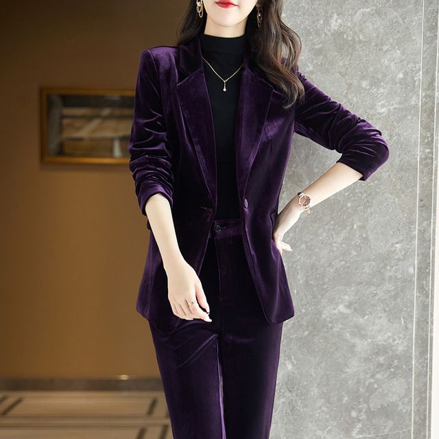 Skyheart-Single-Button Velvet Blazer Pants Set