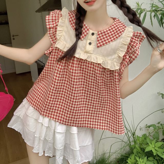 Ukiyo-Sleeveless Collared Ruffle Trim Gingham Blouse