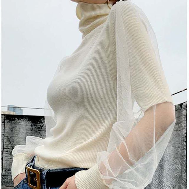 Everose-Long-Sleeve Mock-Neck Mesh Panel Knit Top