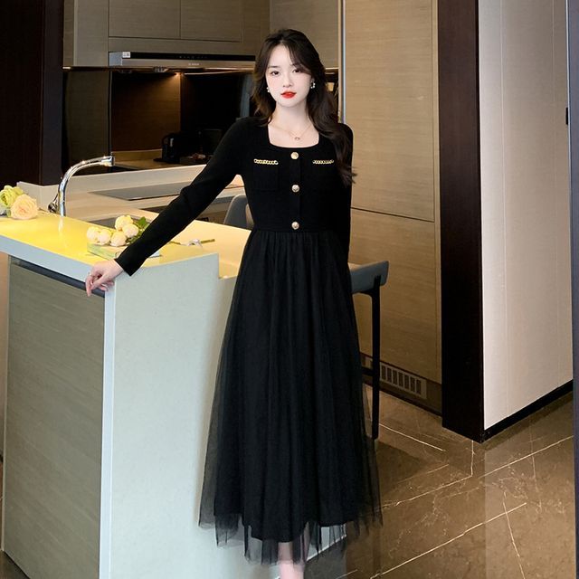 Yilda - Mock Two-Piece Long-Sleeve Square Neck Mesh Panel Midi A-Line Dress  | YesStyle