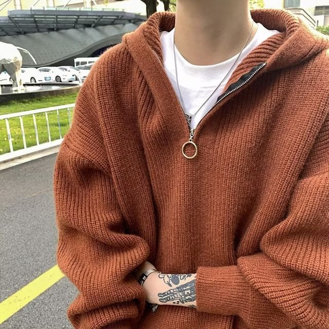 Neonity Wear-Half Zip Plain Knit Hoodie