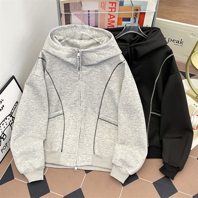Plummie-Hooded Zip-Up Plain Jacket