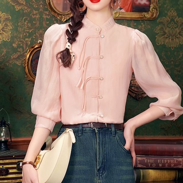 Dragan Pulse-Long Sleeve Mandarin Collar Plain Blouse