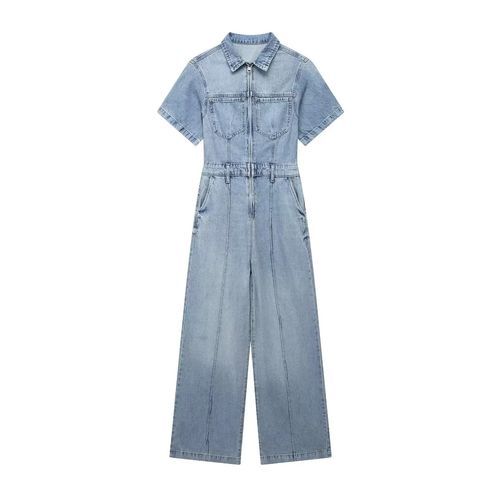 Denim Short Sleeve Wide Leg Jumpsuit