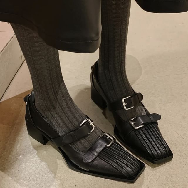 Karlao-Square Toe Buckle Block Heel Mary Jane Pumps