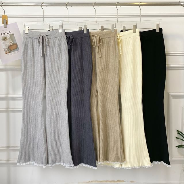 Iasia-Drawstring Waist Lace Trim Ribbed Knit Flared Pants