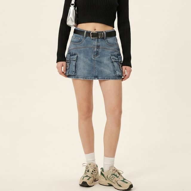 DIYI-High Waist Mini Denim Cargo Skort