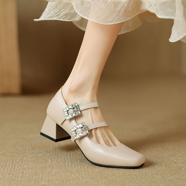 Cinnabelle-Square Toe Rhinestone Buckle Block Heel Mary Jane Pumps