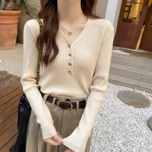 Shinsei-Long-Sleeve Plain Ribbed Henley Knit Top