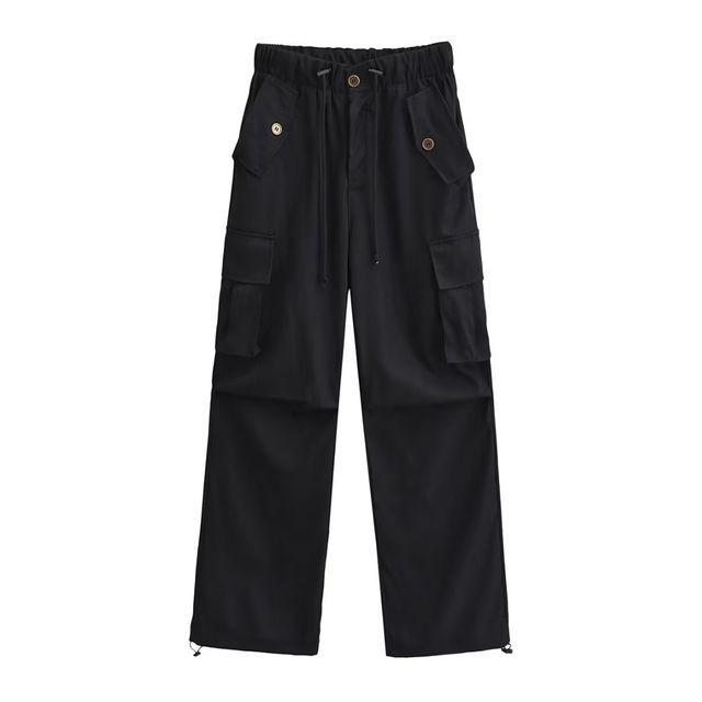 Lexama - High Waist Plain Loose Fit Cargo Pants