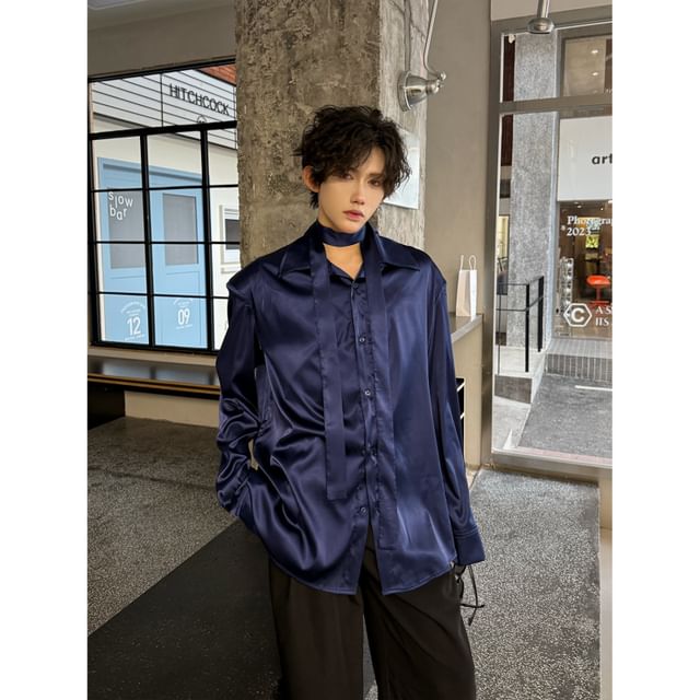 ravewider-Long-Sleeve Satin Plain Shirt