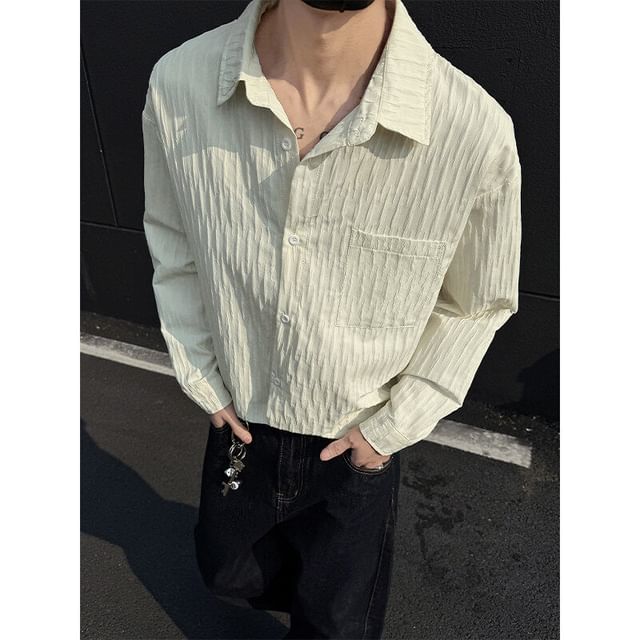 Freehop-Long Sleeve Lapel Collared Plain Textured Oversized Button Up Shirt