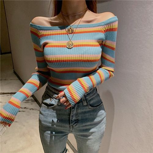 Off shoulder striped shirt best sale long sleeve