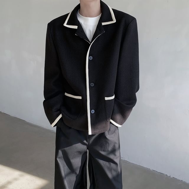 Omozando-Collared Contrast Trim Button-Up Jacket