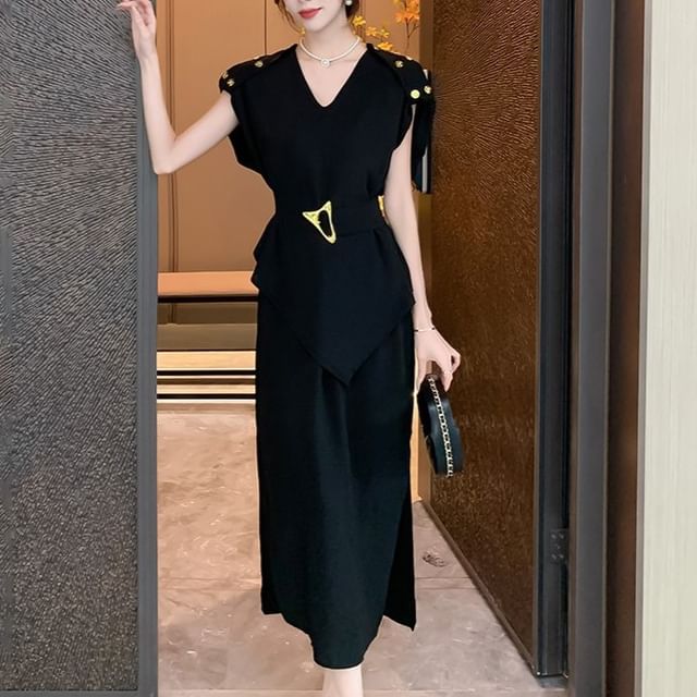 Aurora - Cap-Sleeve V-Neck Mock Two-Piece Asymmetrical Metal Accent Slit Midi Sheath Dress | YesStyle Aurora - Cap-Sleeve V-Neck Mock Two-Piece Asymmetrical Metal Accent Slit Midi Sheath Dress | YesStyle