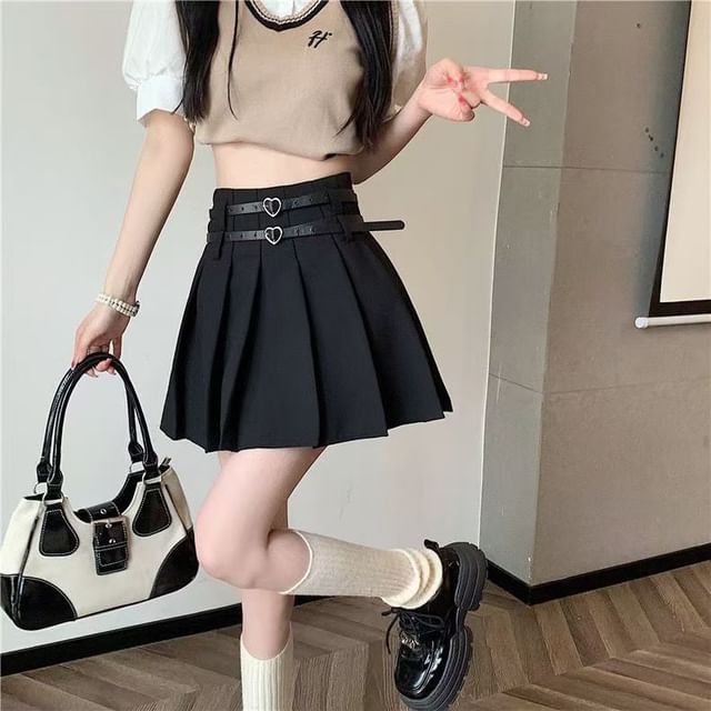 Woohan-High Rise Plain Belted Mini Pleated Skirt