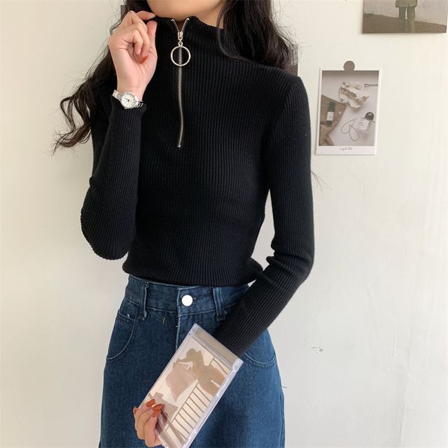Sienne-Long-Sleeve Mock Neck Half-Zip Knit Top