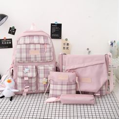 EAVALURE - Set: Paneled Plaid Backpack + Crossbody Bag + Pouch + Pencil Case