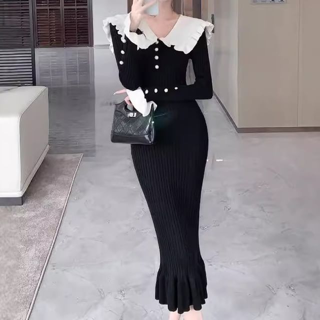 Omibayo-Long Sleeve Collared Two Tone Ruffle Button Knit Midi Sheath Dress