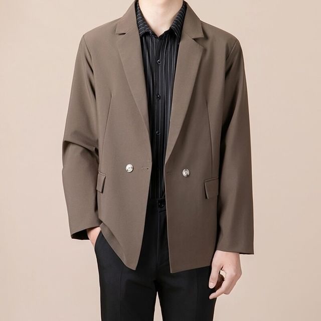 Bay Go Mall-Notch Lapel Plain Double Breasted Blazer