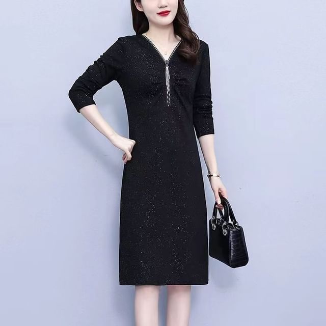 Everose-Long-Sleeve V-Neck Plain Glitter Half-Zip Midi Shift Dress