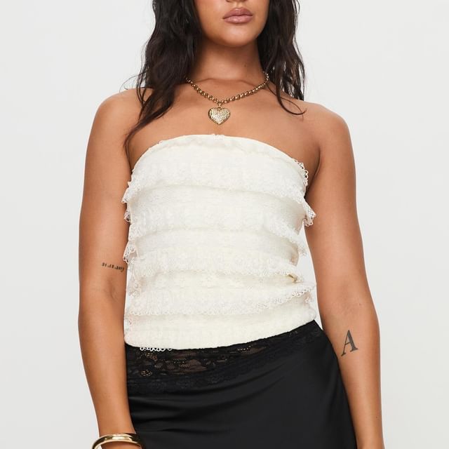 Sosana-Plain Lace Panel Ruffled Tube Top