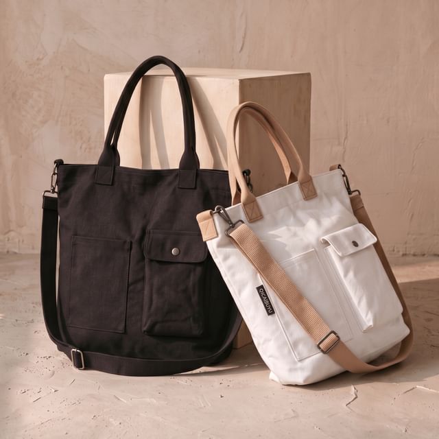 Basaran-Two-Way Pocket Detail Canvas Tote Bag