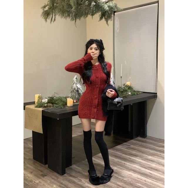 Karnel - Long-Sleeve Cable Knit Button Mini Bodycon Dress | YesStyle