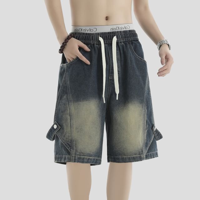 INStudio-Drawstring Waist Washed Denim Cargo Shorts