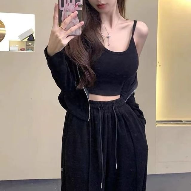 Dovitade-Set Scoop Neck Plain Cropped Cami Top Drawstring Waist Wide Leg Pants Zip Hoodie