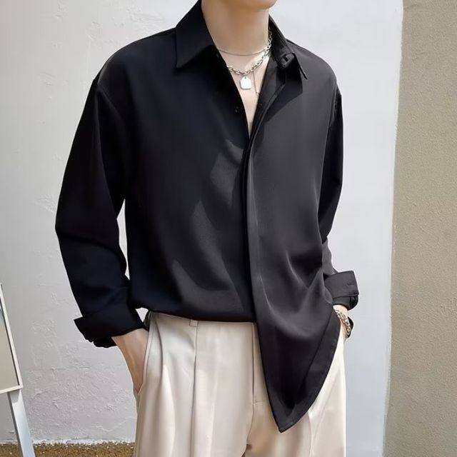 GRAYCIOUS-Long-Sleeve Collared Plain Shirt