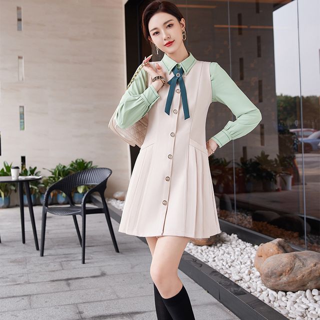 Skyheart Crew Neck Plain Button-Up Mini A-Line Jumper Dress