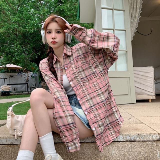 Iduna-Long-Sleeve Plaid Pocketed Shirt