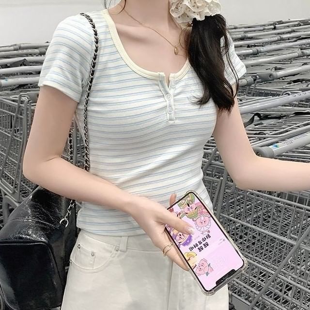 Cloud Nine-Short Sleeve Henley Striped Tee