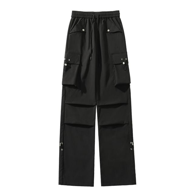 Obikan-Drawstring Waist Plain Wide Leg Cargo Pants