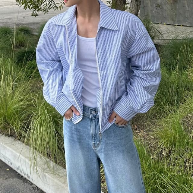 Omozando-Collared Drop Shoulder Striped Zip Up Shirt Jacket