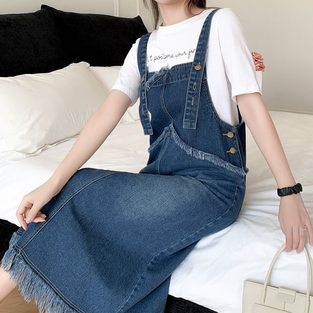SEPH - Washed Fringe Midi A-Line Denim Dungaree Dress | YesStyle