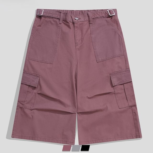 purplelouve-Mid Rise Plain Cargo Shorts