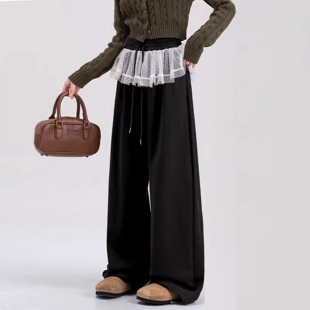 Rosesand-Drawstring Waist Lace Panel Baggy Sweatpants