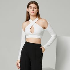 YS by YesStyle - Long-Sleeve Halter-Neck Cutout Crop Top
