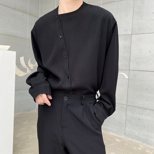 Bjorn-Long-Sleeve Asymmetrical Neck Plain Shirt