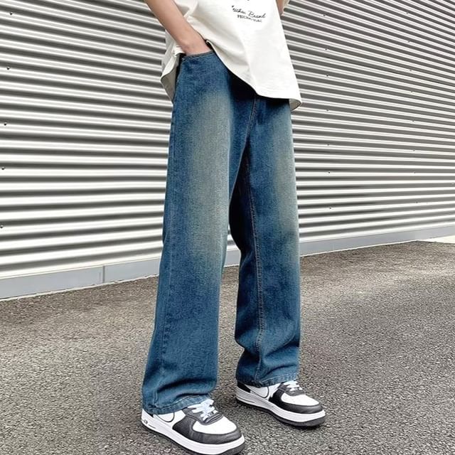 farrahces-Mid Rise Washed Straight Leg Jeans