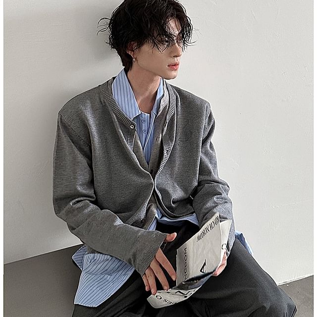 Nahagin-Collared Striped Mock Two Piece Cardigan